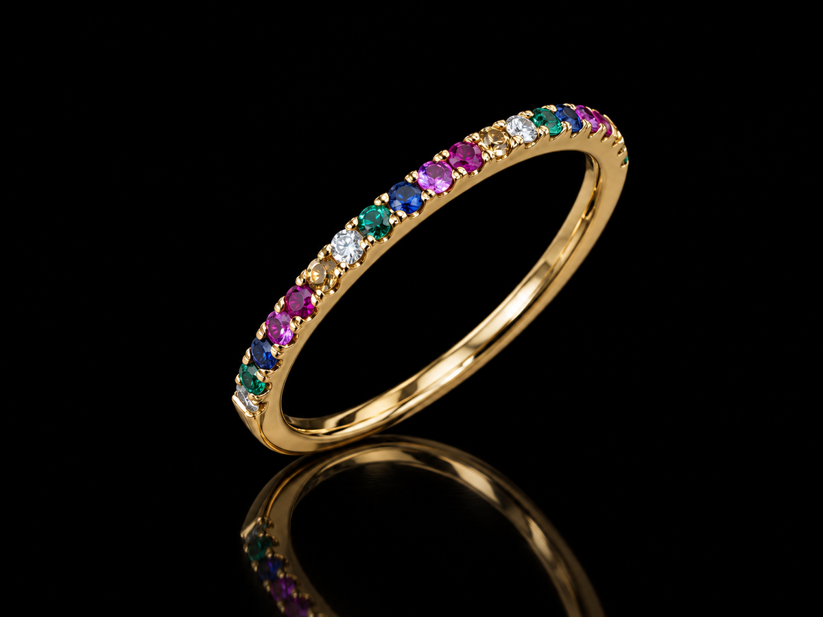 14K Yellow Gold Trinity Band with Multicolour Sapphires and Diamonds