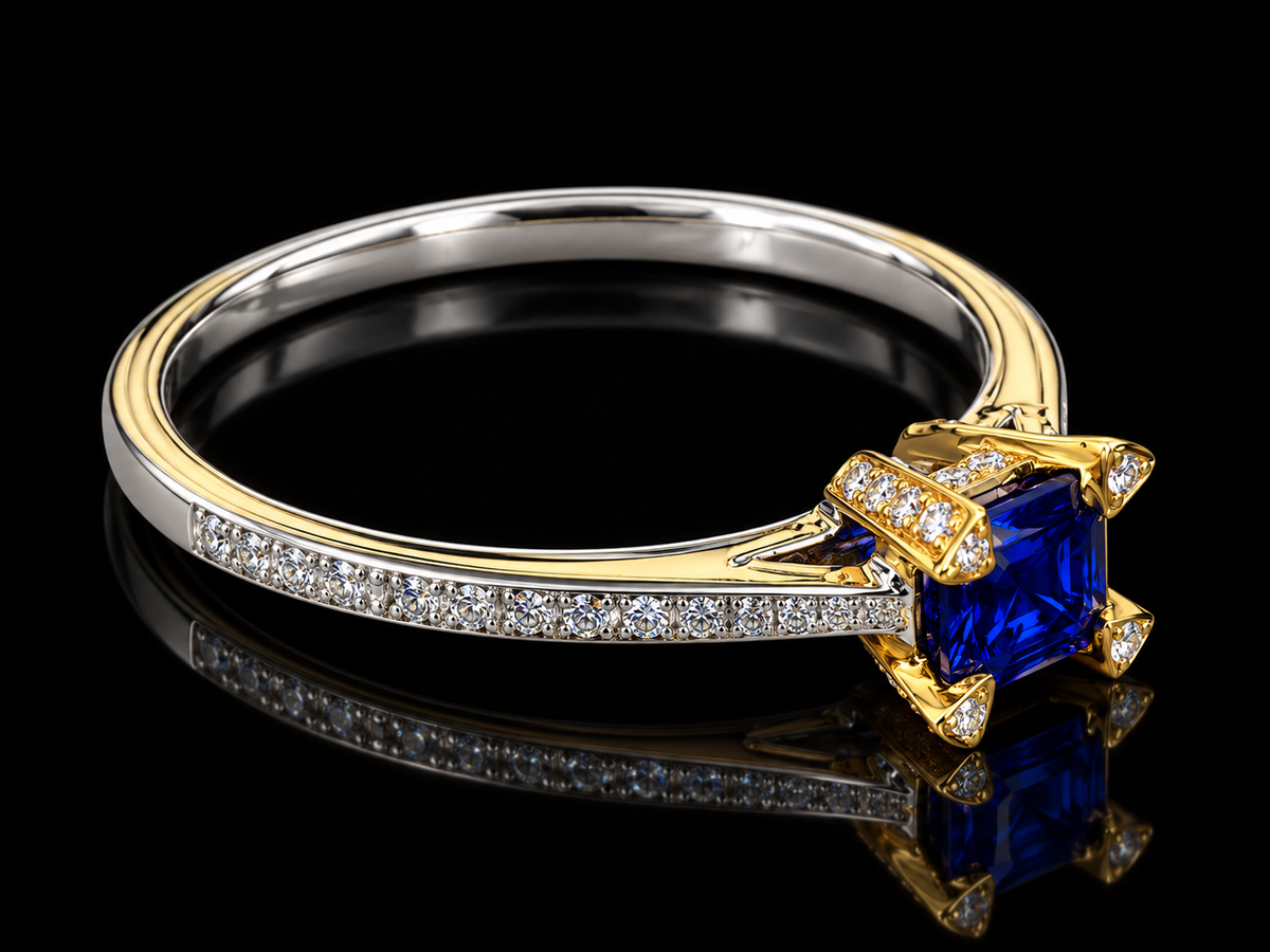 18K Two-Tone Gold Natural Blue Sapphire and Diamond Ring