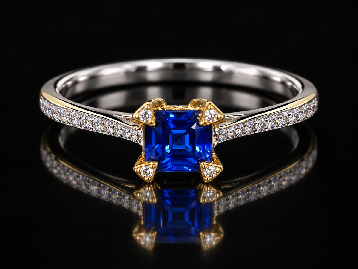 18K Two-Tone Gold Natural Blue Sapphire and Diamond Ring