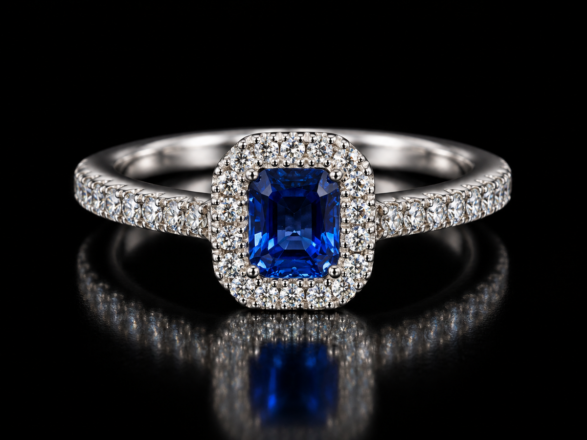 Natural Blue Sapphire and Diamond Halo 18kt white gold Ring