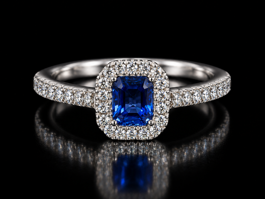 Natural Blue Sapphire and Diamond Halo 18kt white gold Ring