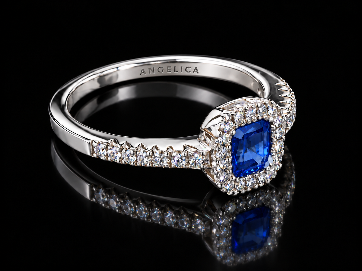 Natural Blue Sapphire and Diamond Halo 18kt white gold Ring