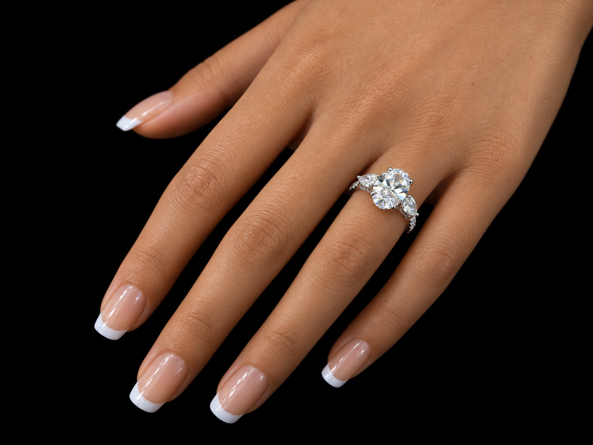 3 CT Oval Lab-Grown Diamond Trilogy Ring with Pavé Side Diamonds