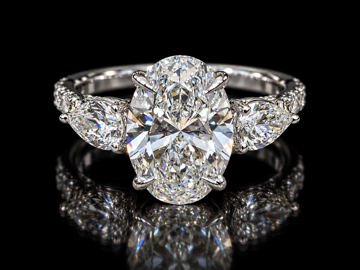 3 CT Oval Lab-Grown Diamond Trilogy Ring with Pavé Side Diamonds
