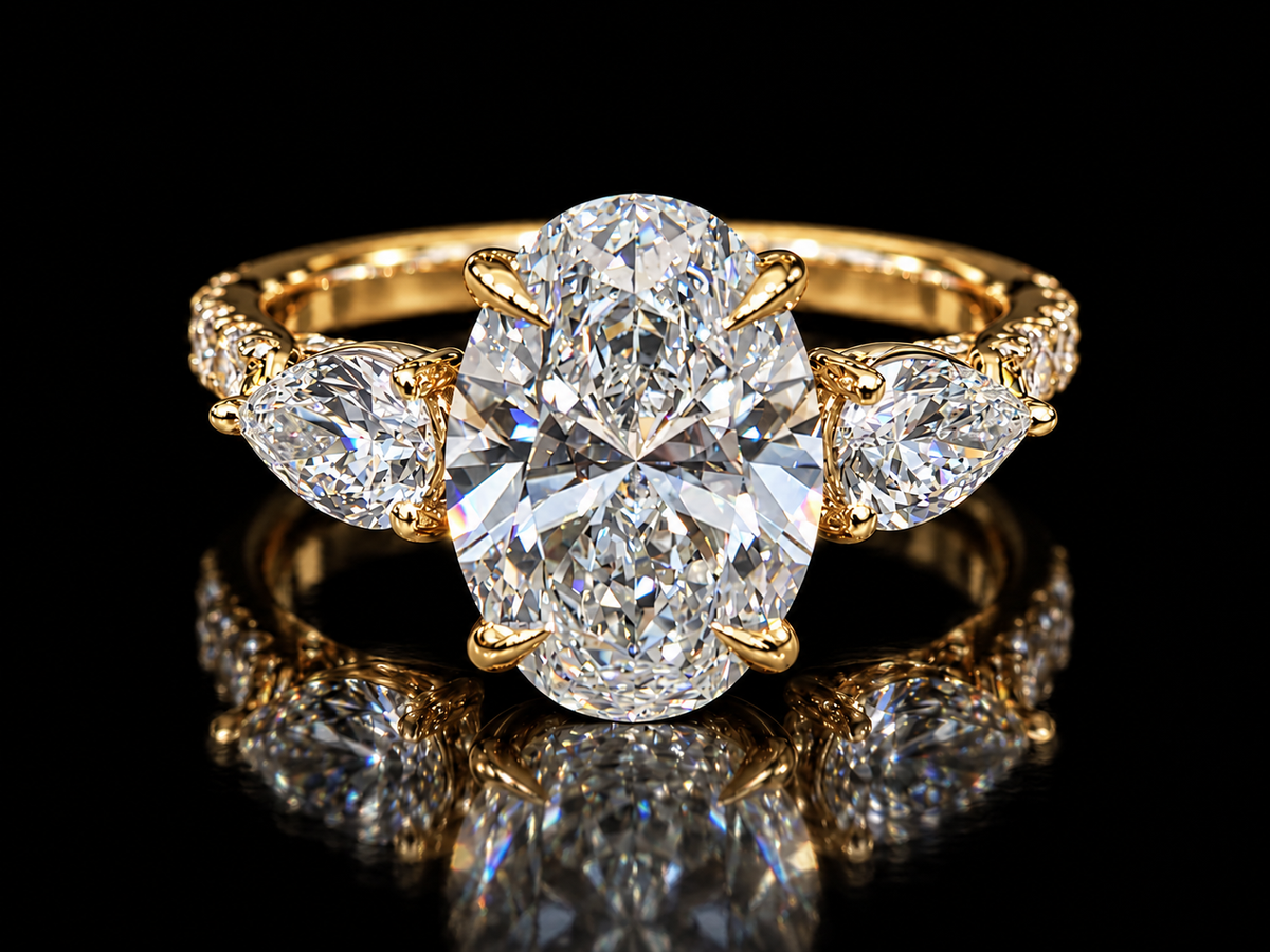 3 CT Oval Lab-Grown Diamond Trilogy Ring with Pavé Side Diamonds