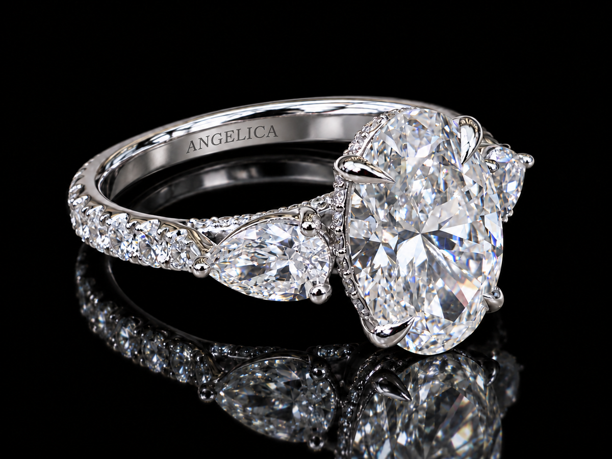 3 CT Oval Lab-Grown Diamond Trilogy Ring with Pavé Side Diamonds