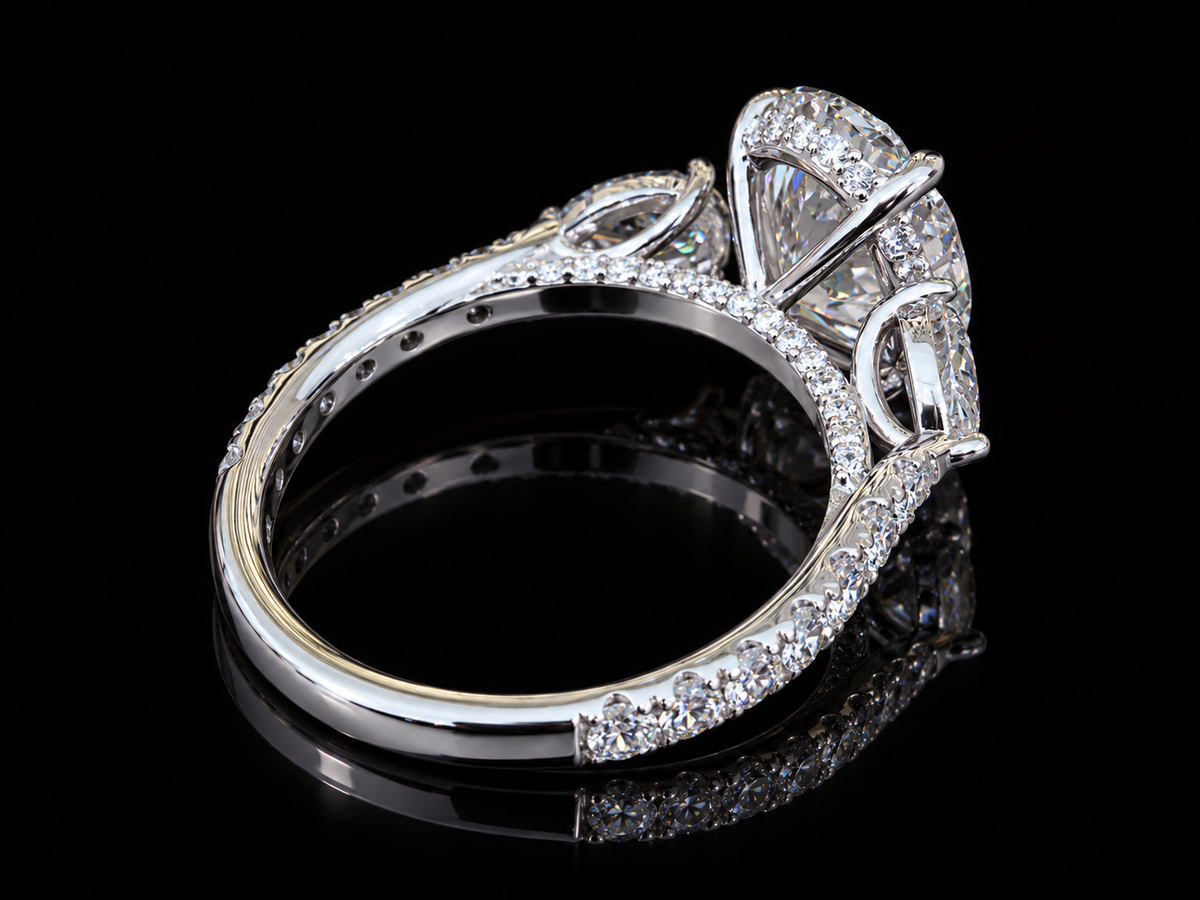 3 CT Oval Lab-Grown Diamond Trilogy Ring with Pavé Side Diamonds