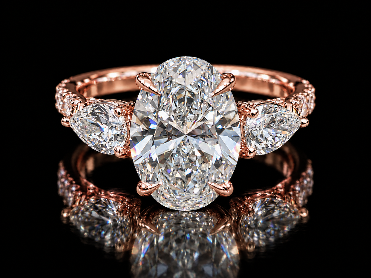 3 CT Oval Lab-Grown Diamond Trilogy Ring with Pavé Side Diamonds