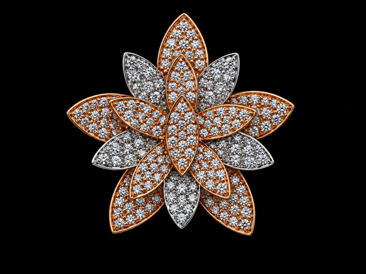18K White &amp; Rose Gold Diamond Petal Flower Ring, 0.90ct Natural VS F–G Diamonds Angelica Jewellers