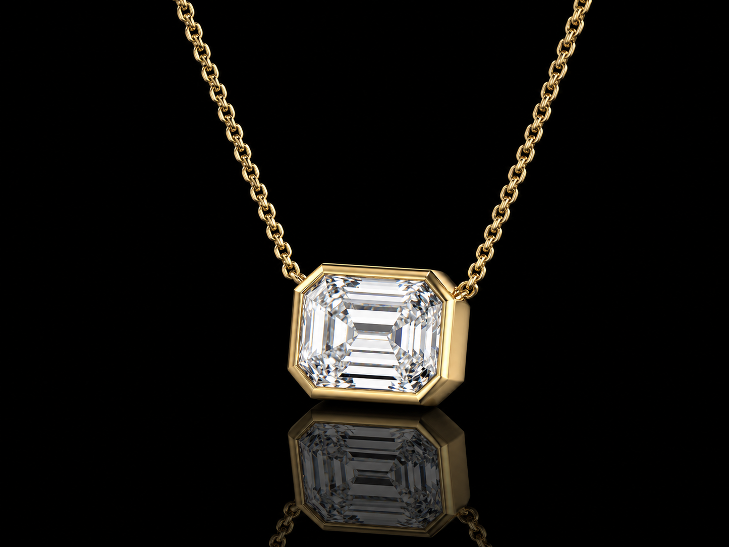 Emerald-Cut Lab-Grown Diamond Solitaire Necklace – Bezel Set, E VVS2 | 14K Gold