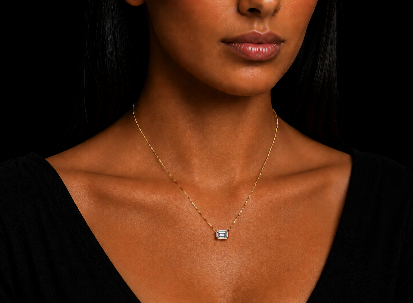 Emerald-Cut Lab-Grown Diamond Solitaire Necklace – Bezel Set, E VVS2 | 14K Gold