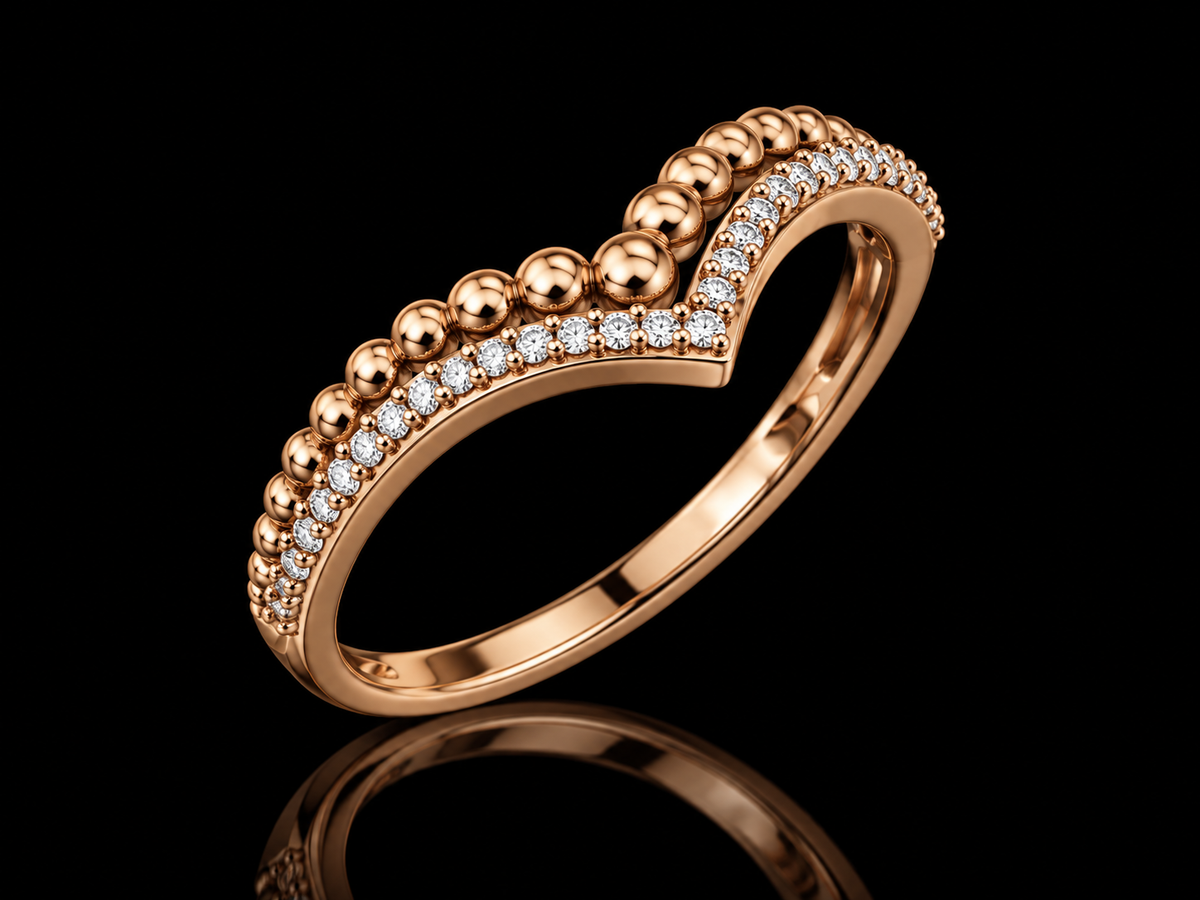 10K Rose Gold Diamond Beaded Chevron Ring Angelica Jewellers