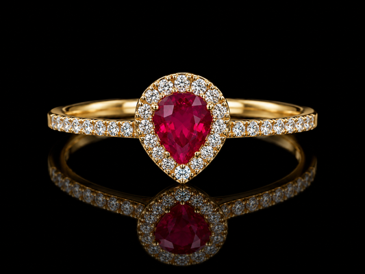 14K Yellow Gold Pear Ruby & Diamond Halo Ring Angelica Jewellers
