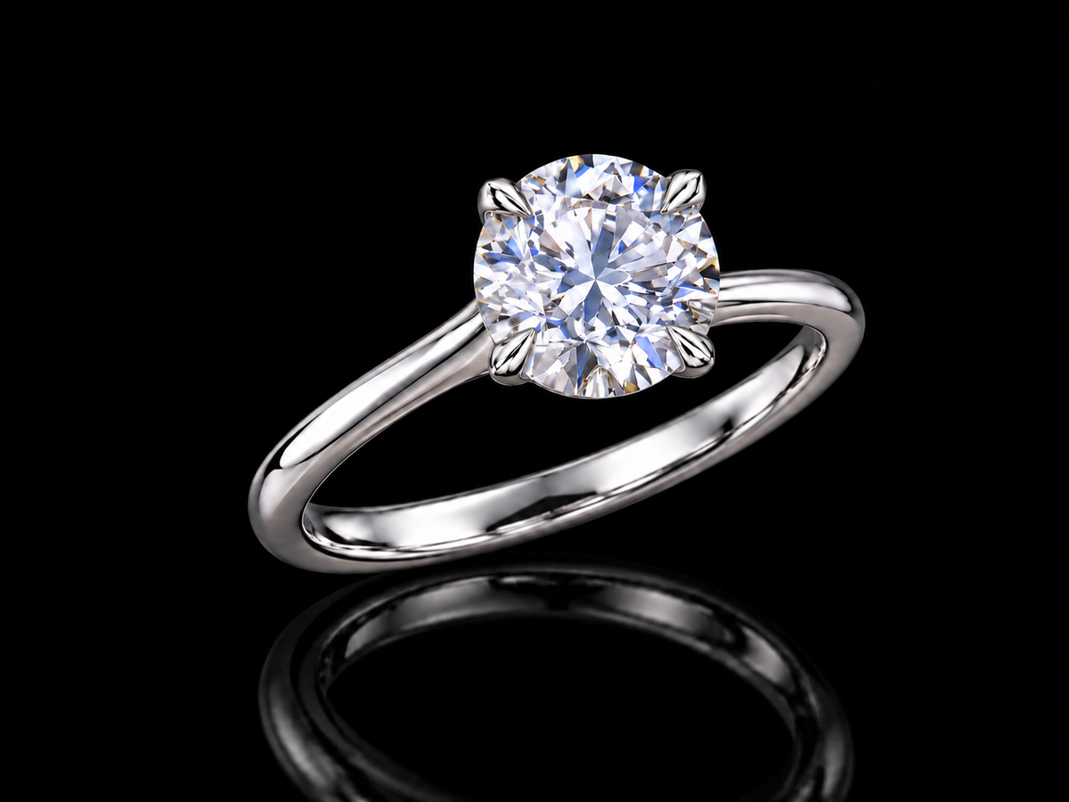 1.01 CT Round Brilliant Lab-Grown Diamond Cathedral Solitaire Ring in 14K White Gold - VVS2, E, IGI-Certified Angelica Jewellers