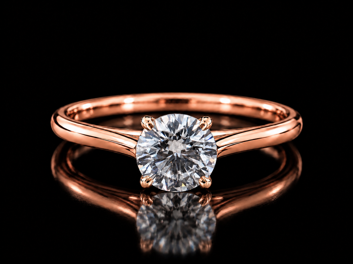 1.01 CT Round Brilliant Lab-Grown Diamond Cathedral Solitaire Ring in 14K Rose Gold - VVS2, E, IGI-Certified Angelica Jewellers