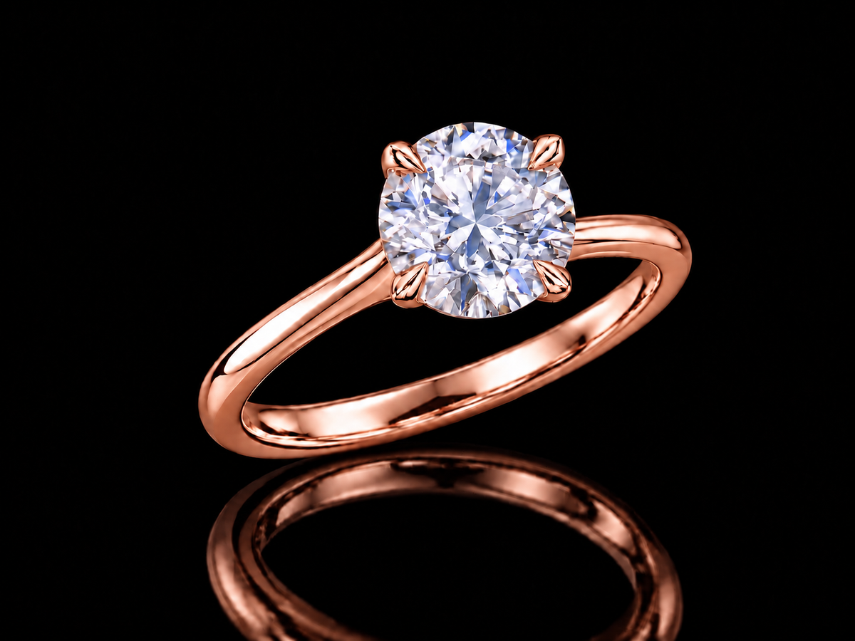 1.01 CT Round Brilliant Lab-Grown Diamond Cathedral Solitaire Ring in 14K Rose Gold - VVS2, E, IGI-Certified Angelica Jewellers