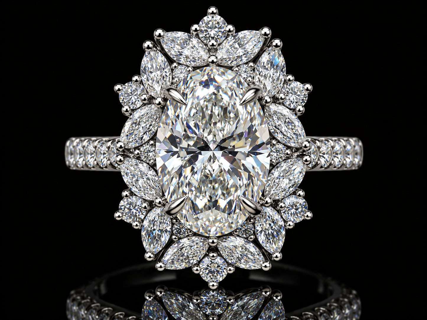 4.50 CTW Oval & Marquise Diamond Floral Halo Cocktail Ring – E VVS2 IGI