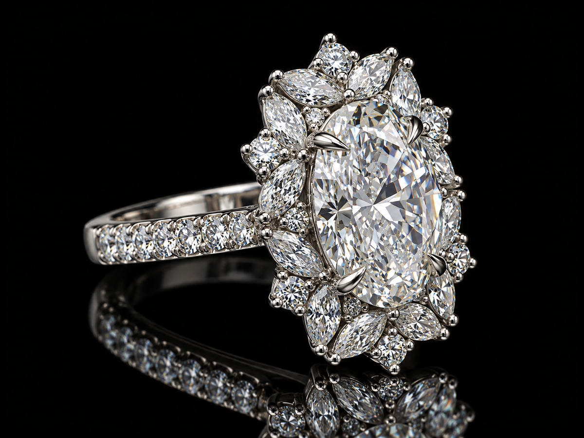4.50 CTW Oval & Marquise Diamond Floral Halo Cocktail Ring – E VVS2 IGI