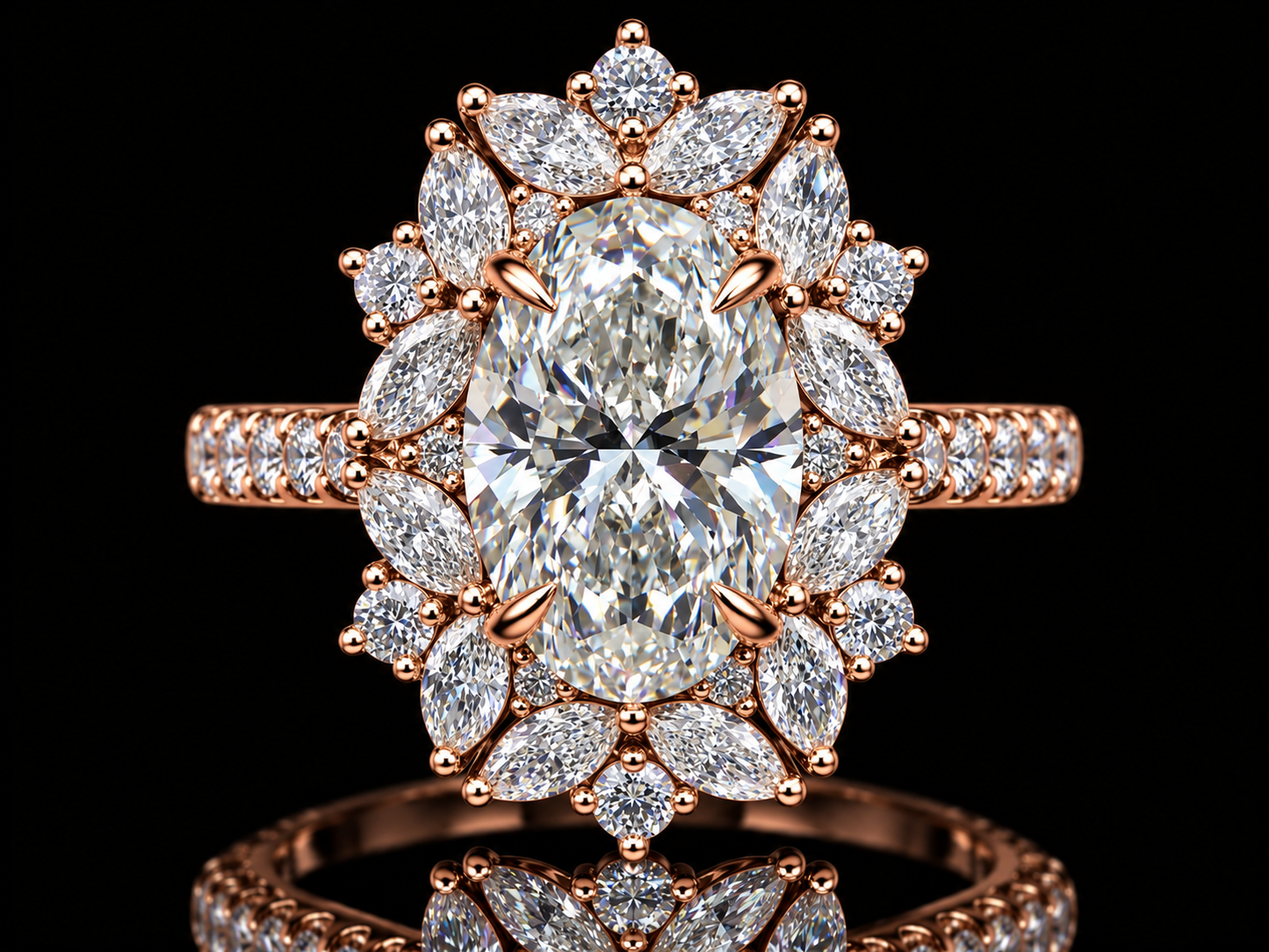 4.50 CTW Oval & Marquise Diamond Floral Halo Cocktail Ring – E VVS2 IGI