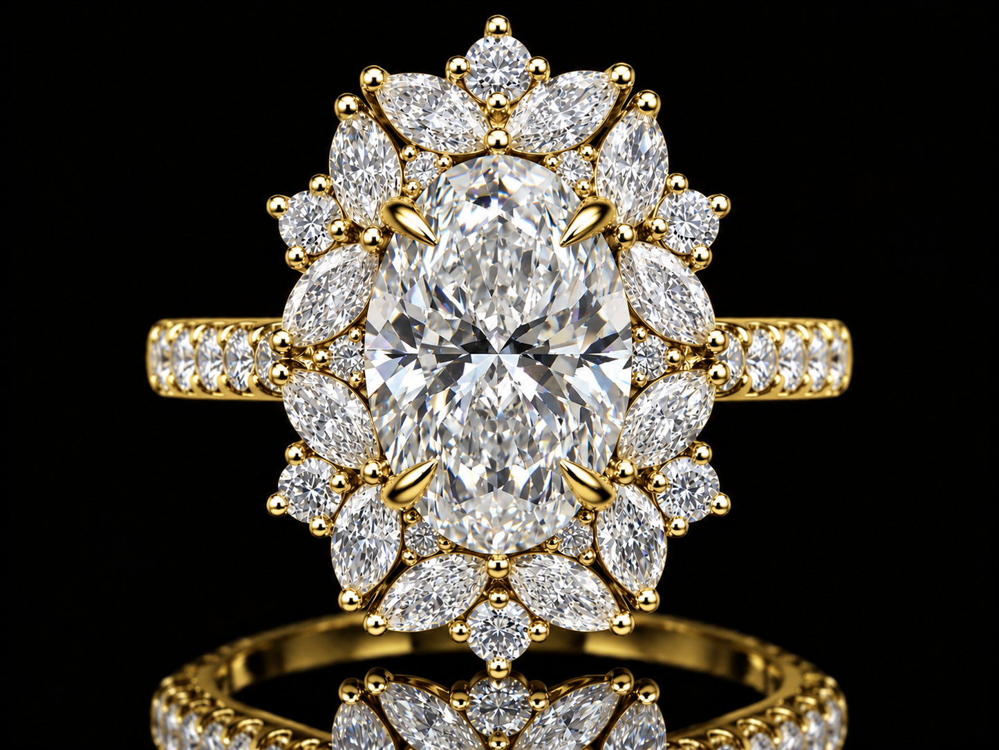 4.50 CTW Oval & Marquise Diamond Floral Halo Cocktail Ring – E VVS2 IGI