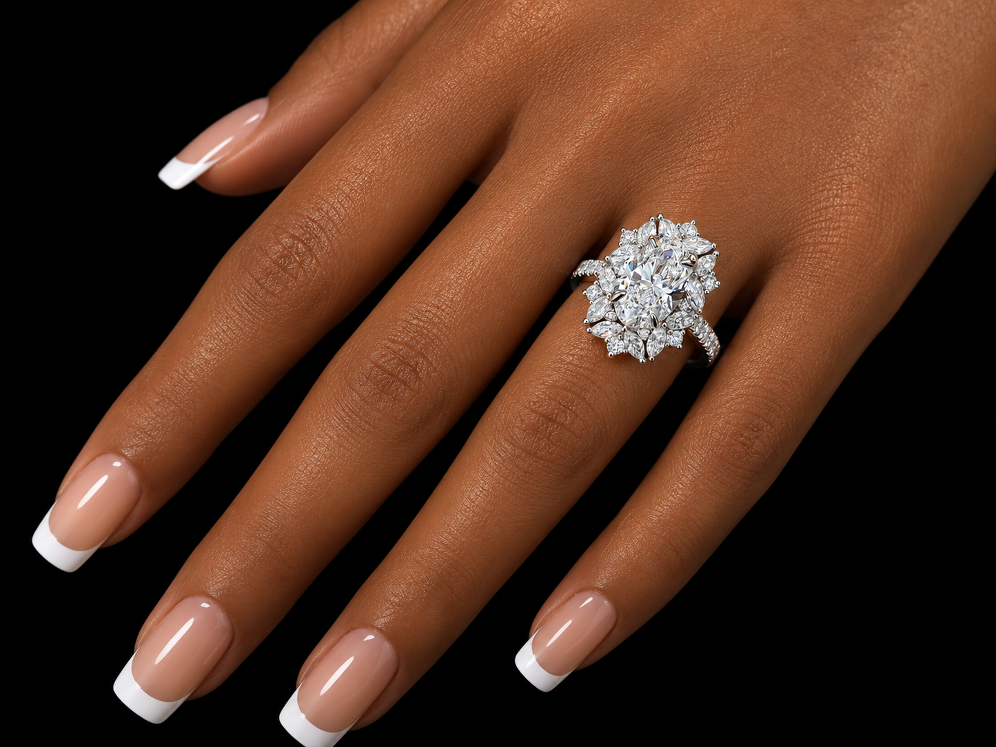 4.50 CTW Oval & Marquise Diamond Floral Halo Cocktail Ring – E VVS2 IGI