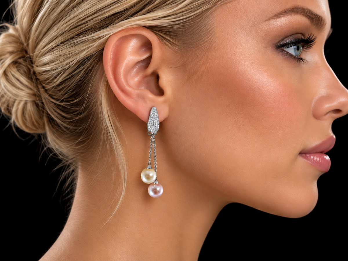 18K White Gold South Sea Pearl &amp; Diamond Pavé Dangle Earrings – 0.80 CTW
