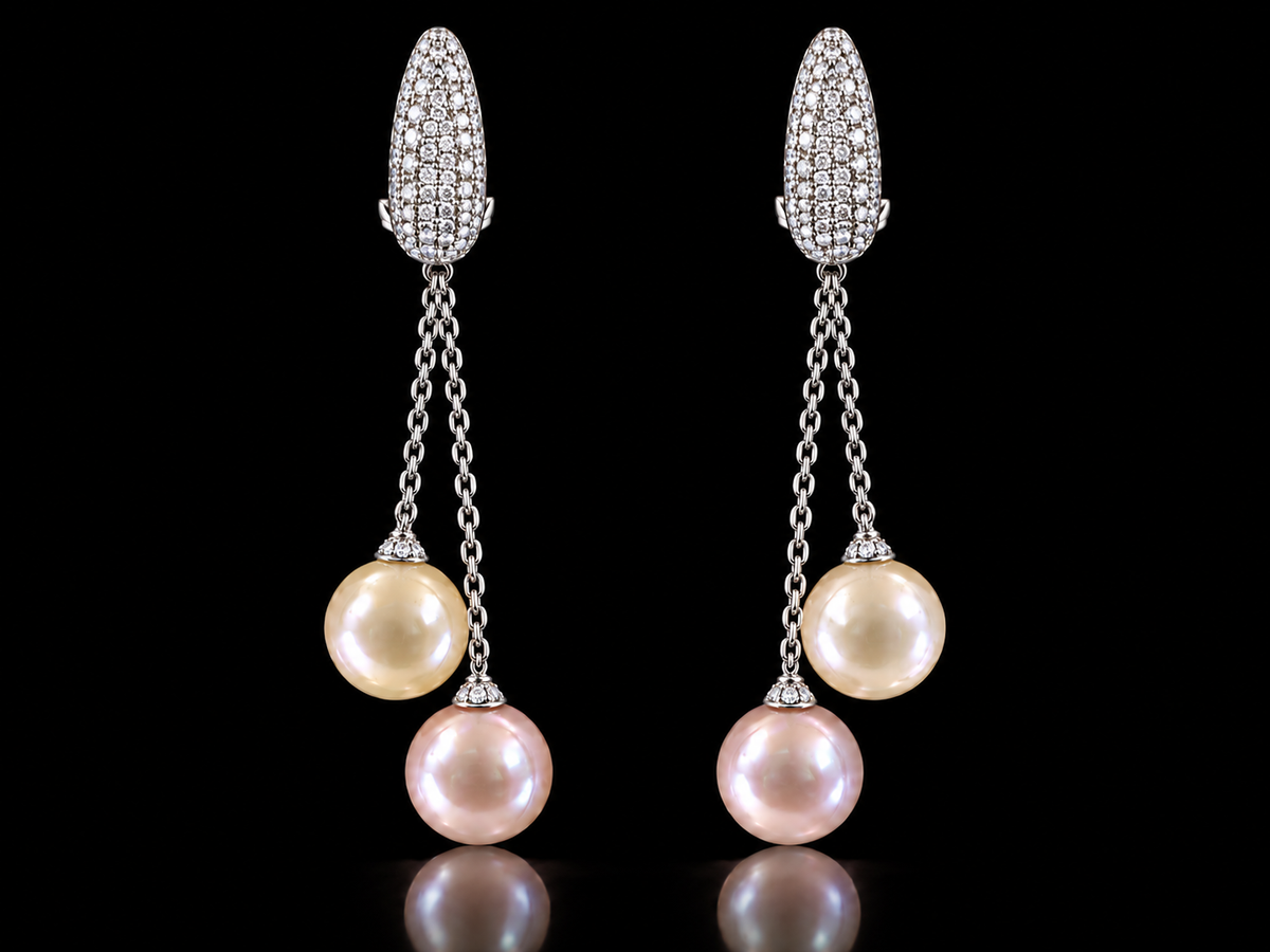 18K White Gold South Sea Pearl &amp; Diamond Pavé Dangle Earrings – 0.80 CTW