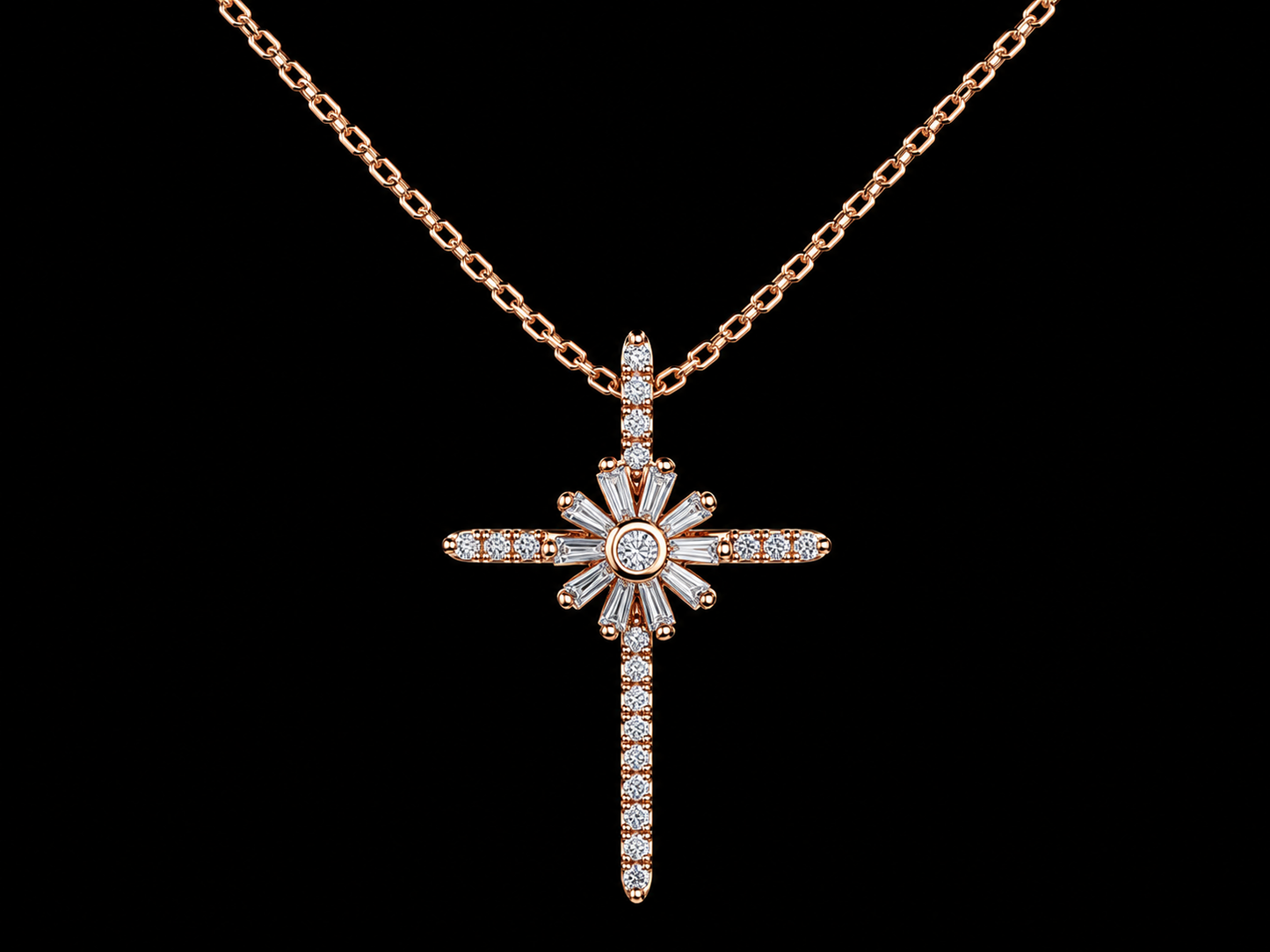 14K Rose Gold Diamond Starburst Cross Pendant Necklace Angelica Jewellers