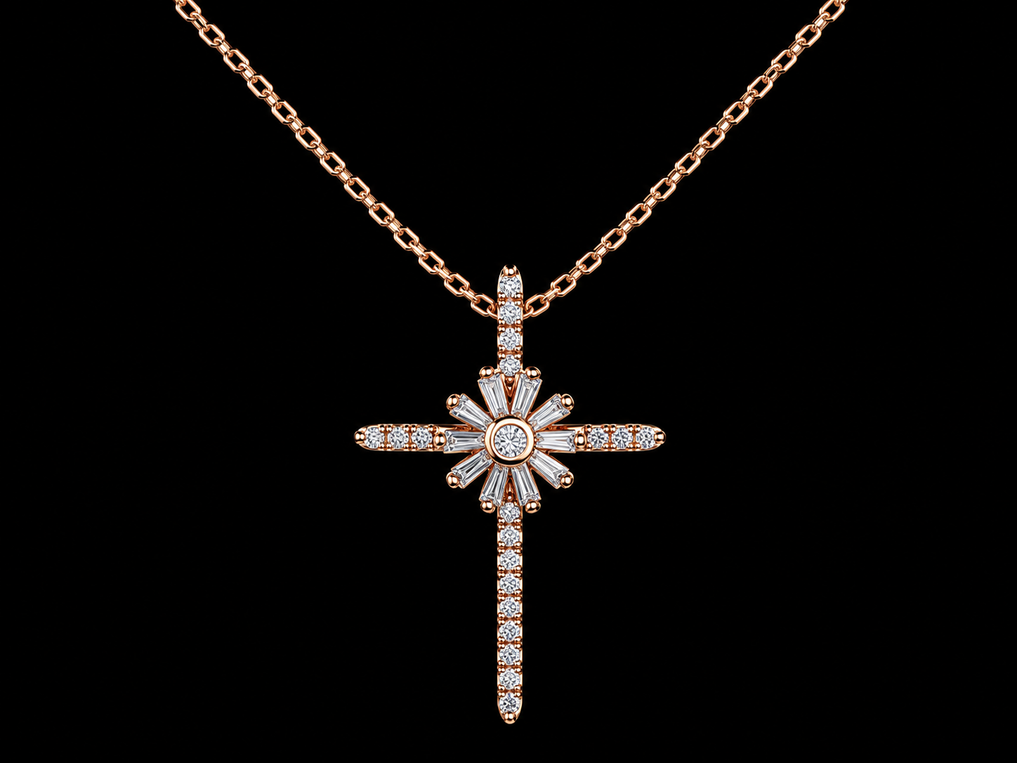 14K Rose Gold Diamond Starburst Cross Pendant Necklace Angelica Jewellers