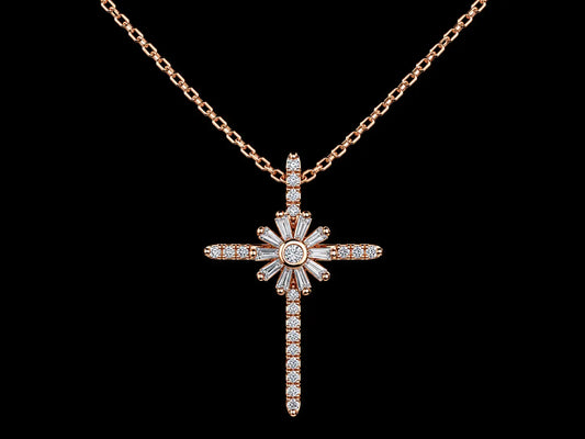 14K Rose Gold Diamond Starburst Cross Pendant Necklace Angelica Jewellers