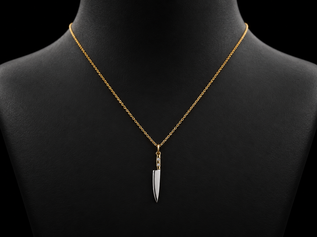 14K Gold Butcher Knife Diamond Pendant Necklace