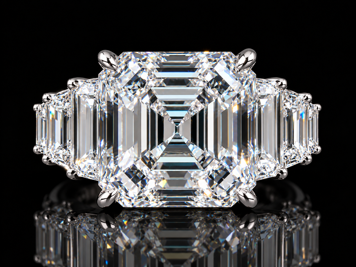 Asscher-Cut Diamond Engagement Ring with Trapezoid & Baguette Side Diamonds