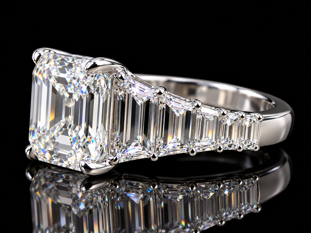 Asscher-Cut Diamond Engagement Ring with Trapezoid & Baguette Side Diamonds