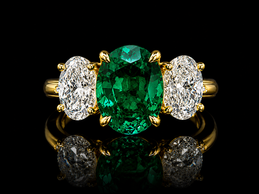 18K Yellow Gold Lab Green Emerald & Oval Lab Diamond Three-Stone Ring – 3.85 ct Total