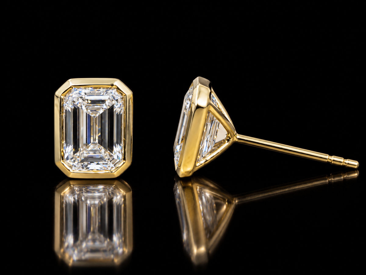 2.00 CTW (1ct each)Emerald-Cut Lab-Grown Diamond Bezel Stud Earrings – 14K Yellow Gold
