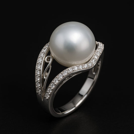 SOUTH SEA PEARL 12MM RING IN WHITE GOLD 18KT SET WITH  0.42CT OF NATURAL DIAMONDS