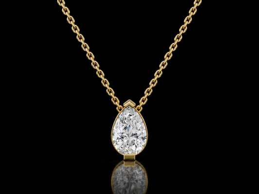 Pear-cut lab-grown diamond solitaire pendant necklace in yellow gold on black background