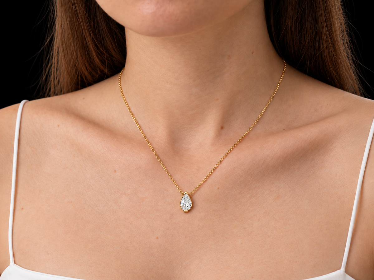 Pear-cut lab-grown diamond solitaire pendant necklace worn