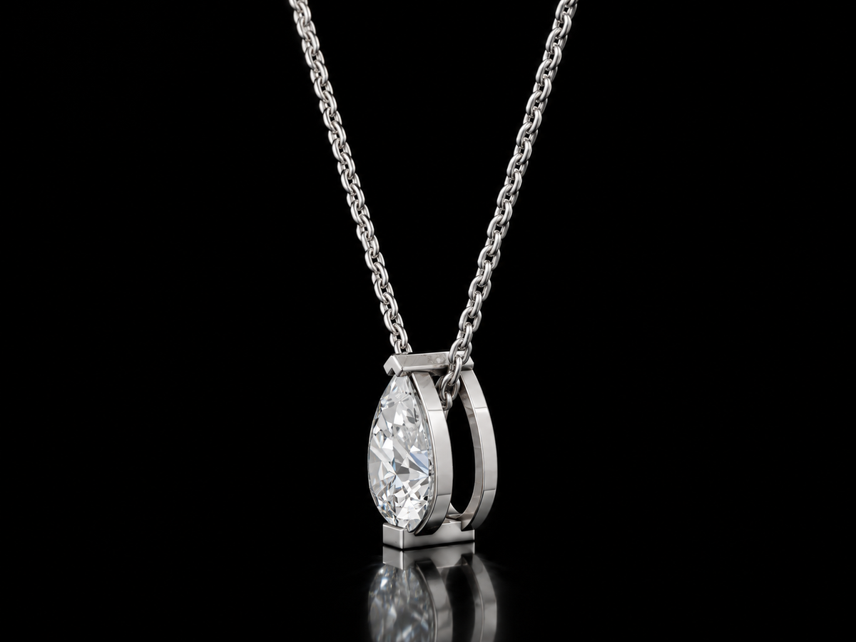 Pear-cut lab-grown diamond solitaire pendant necklace in white gold, side view