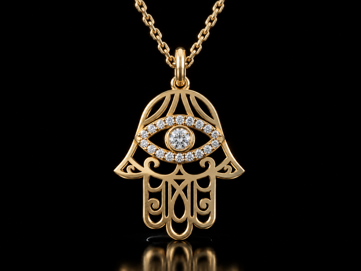 Hamsa evil eye lab-grown diamond pendant necklace in yellow gold