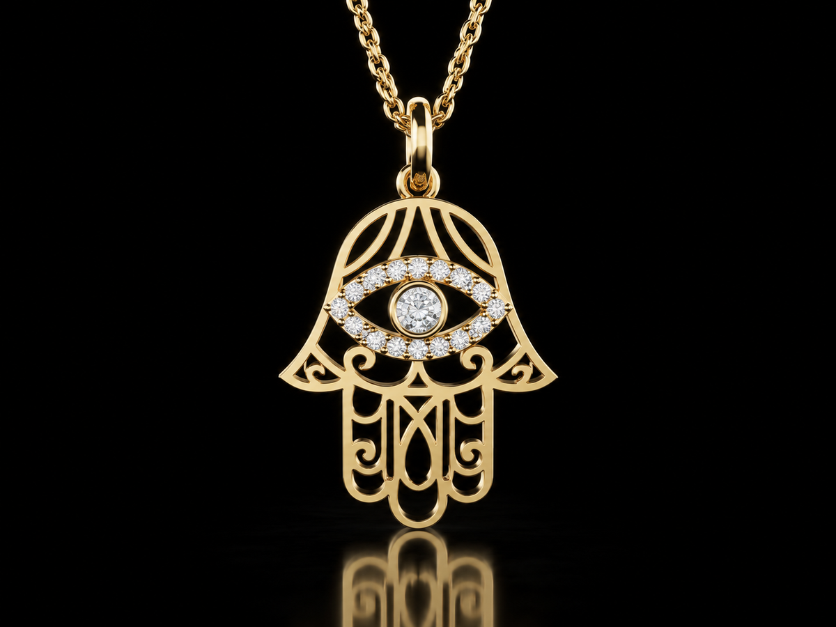 Hamsa evil eye lab-grown diamond pendant necklace in yellow gold, alternate view