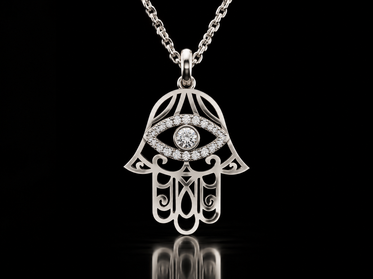 Hamsa evil eye lab-grown diamond pendant necklace in white gold