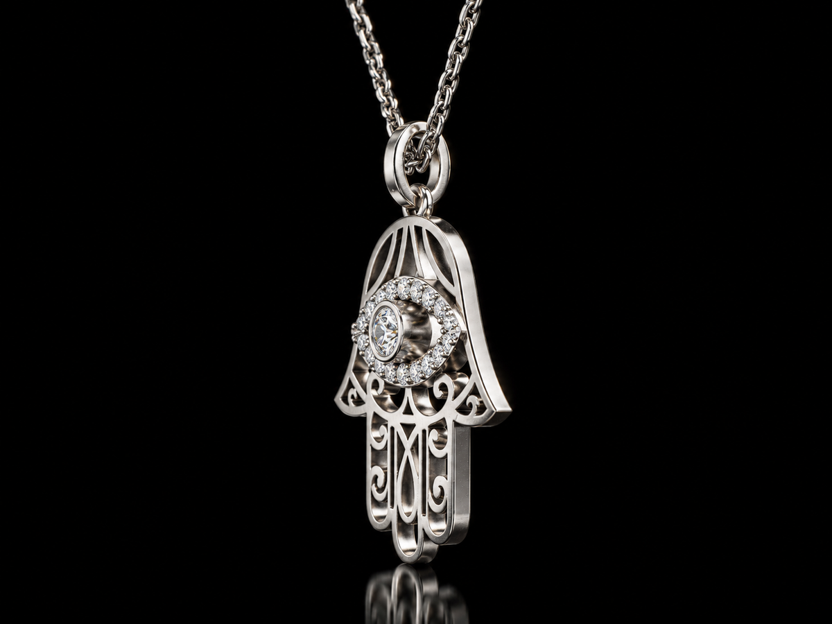 Hamsa evil eye lab-grown diamond pendant necklace in white gold, angled view