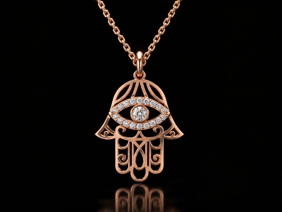 Hamsa evil eye lab-grown diamond pendant necklace in rose gold