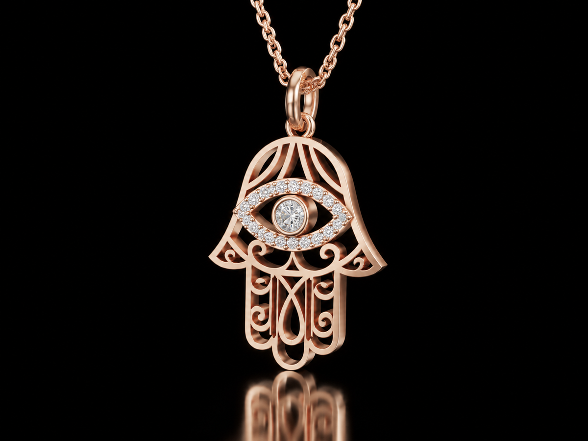 Hamsa evil eye lab-grown diamond pendant necklace in rose gold, alternate view