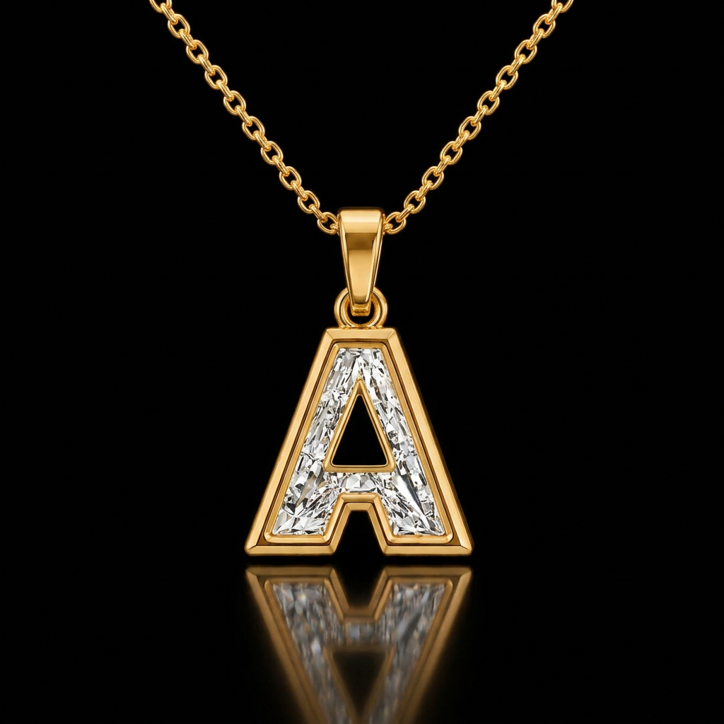 Initial A baguette lab-grown diamond pendant necklace in 14K yellow gold on its cable chain, black background