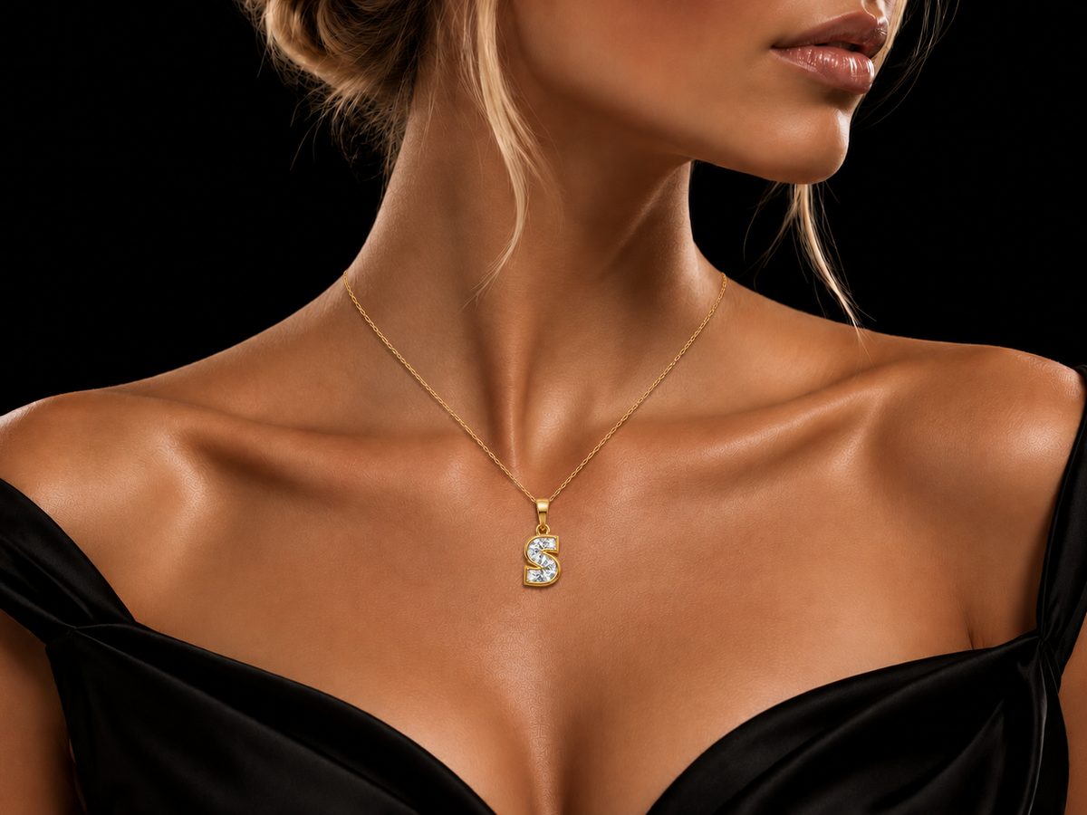 Initial S single-stone lab-grown diamond pendant necklace worn on the neck