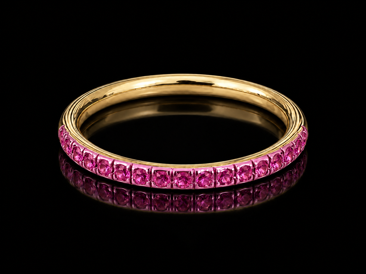 14K Yellow Gold Pink Sapphires and Pink Rhodium Stackable Band