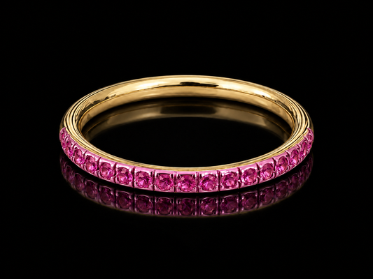 14K Yellow Gold Pink Sapphires and Pink Rhodium Stackable Band