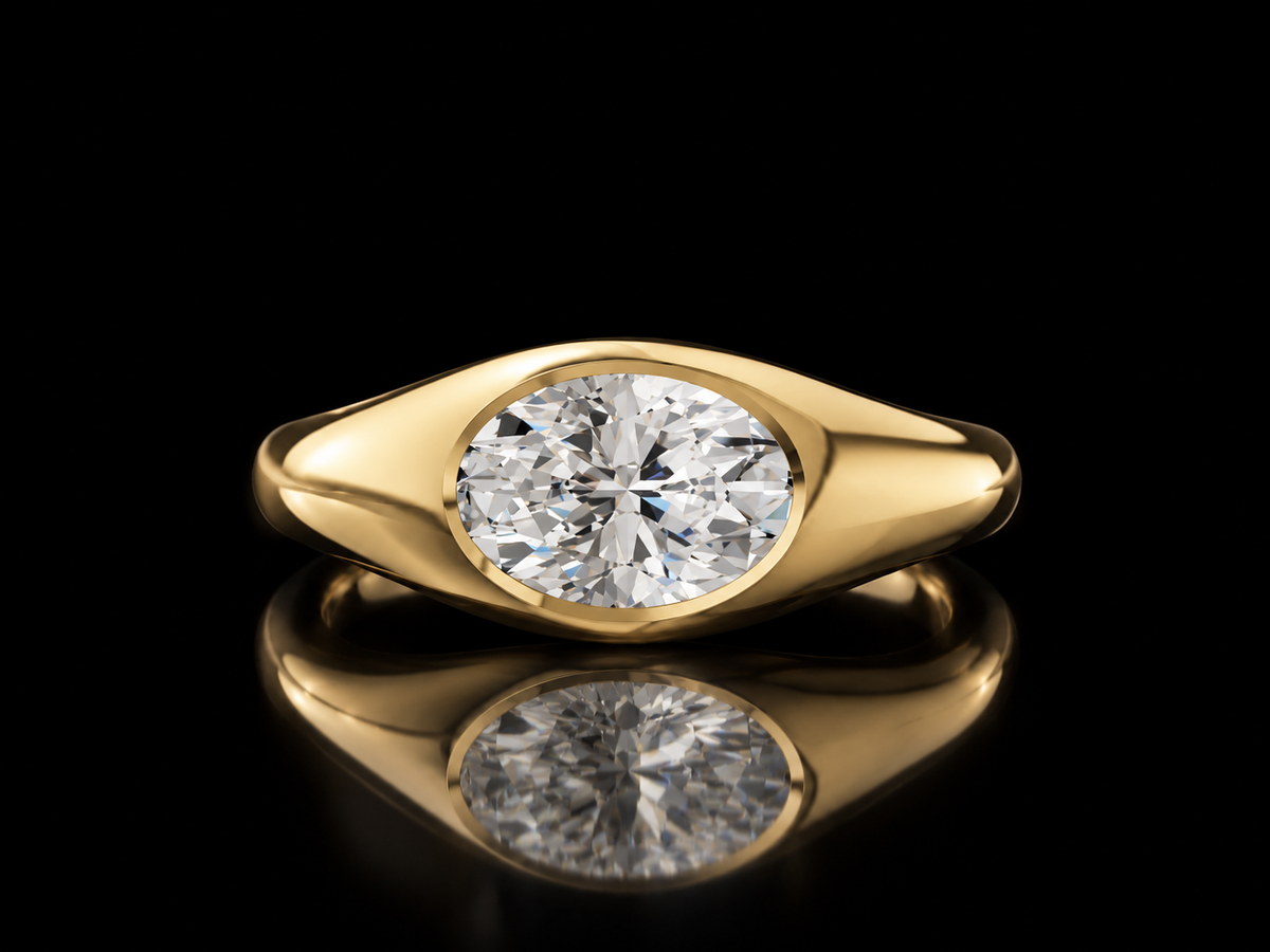 East-West oval lab-grown diamond signet ring in yellow gold